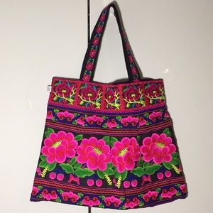 Gorgeous ethnic embroidered pink floral tote purse LARGE